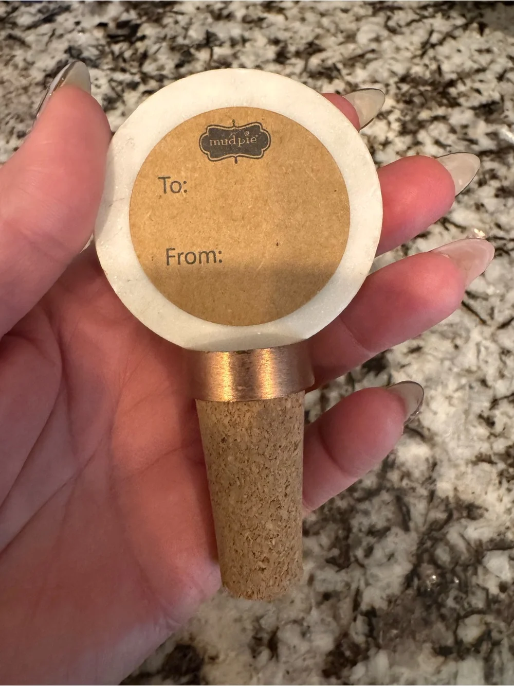 Monogram 'T' Marble and Cork Wine Bottle Stopper - Copper Accent